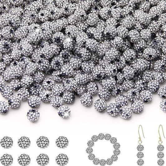 200 Pcs 10mm Rhinestone Beads for Jewelry Making, Black White Shiny Round Shamballa Disco Baseball Necklace Beads Sparkle Crystal Clay Pave Rhinestones Bead for DIY Bracelet Earring Making Supplies