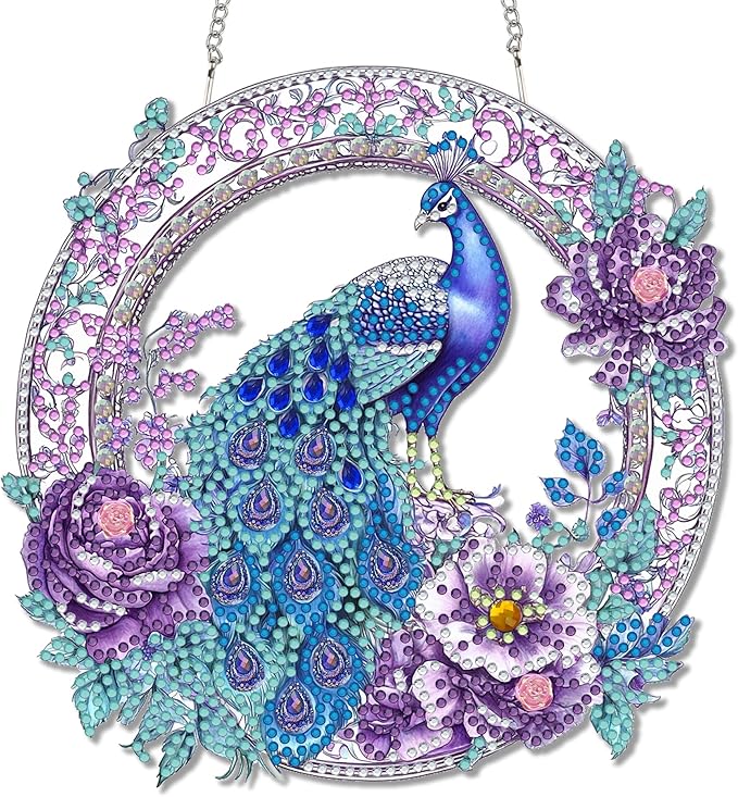 Reofrey Hanging Diamond Art Kits for Adults - 8x8 Inch Peacock Animal Acrylic Board Double Sided Pattern Diamond Art Suncatcher Pendant, DIY Crystal Art for Home Wall Window Decoration Handmade Gift