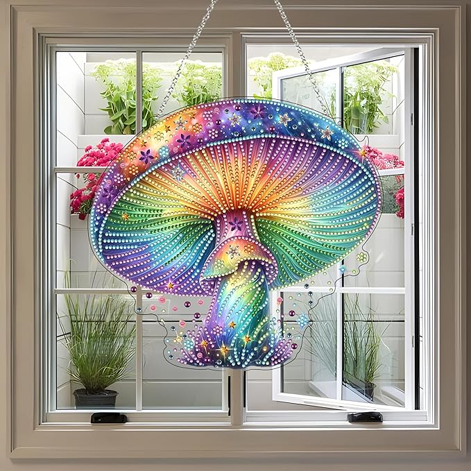 JJFox Diamond Art Hanging Kit for Adult,Special Shaped Rhinestone,DIY Acrylic 5D Diamond Art Painting Window Pendants Home Garden Wall Hanging Kits Hanging Ornament (Rainbow Mushroom)