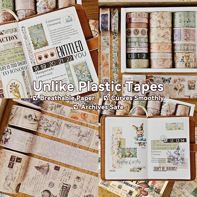 Vintage Washi Tape Set for Scrapbooking & Journaling - 32 Rolls Floral, Cute Decorative Tapes with Assorted Widths, Retro Aesthetic DIY Gift for Bible, Bullet, Junk Journal Supplies (Christmas Tape)