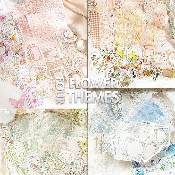 okupan vintage floral scrapbook paper & journaling stickers (400pcs) assorted set - 4 pack junk journal supplies for bullet journaling, retro crafts, planner, mixed media, collage card album