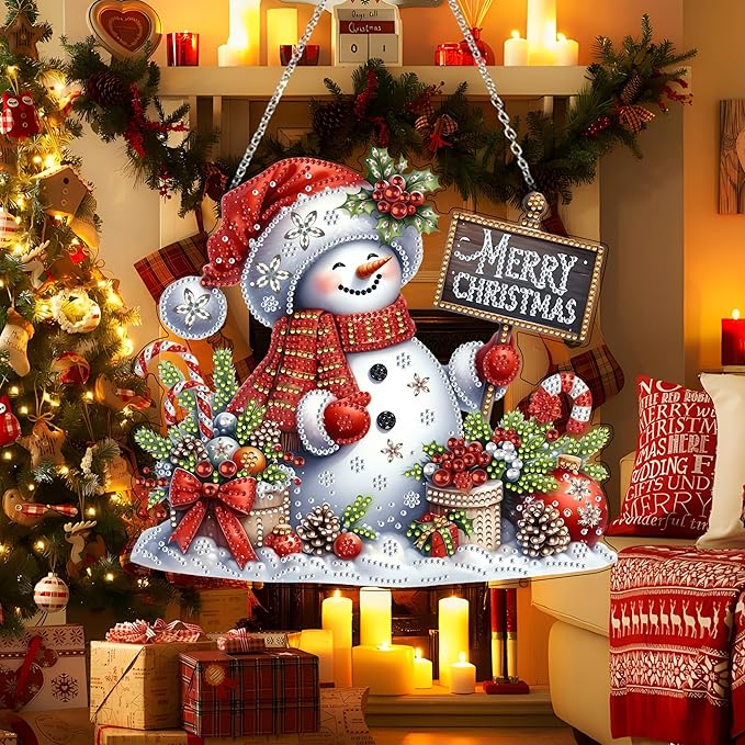 JJFox Diamond Art Hanging Kit for Adult,Special Shaped Rhinestone,DIY Acrylic 5D Diamond Art Painting Window Pendants Home Garden Wall Hanging Kits Hanging Ornament,Double Sided. (Christmas snowman1)