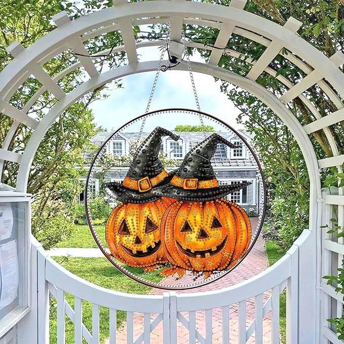 Wergund 5D Halloween Diamond Art Hanging Kits, Hanging Diamond Art Pumpkin, Acrylic Special Shaped Rhinestone, Window Hanging Pendants for Home Wall Garden Front Door Outdoor Decor Gift(Halloween)