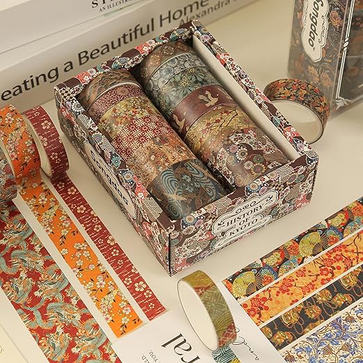 12 Rolls Kyoto Charm Washi Tape Set Japanese Arts Adhesive Tapes Geometric Garden Decorative Masking Tape Sets for Craft, Kids, Scrapbook, DIY, Gift Wrapping (Crimson Fields)