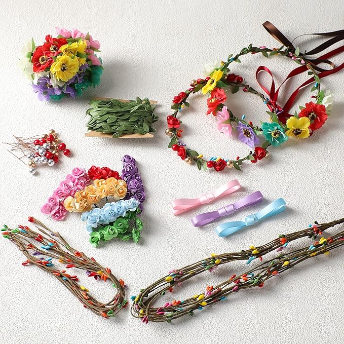 DIY Flower Crowns Making Kit, 195 Pcs Make Your Own Fairy Floral Headband Making Kit, Handmade Creativity Flower Hair Accessories Craft Set for Women Birthday Party Arts Creative Gifts Decor