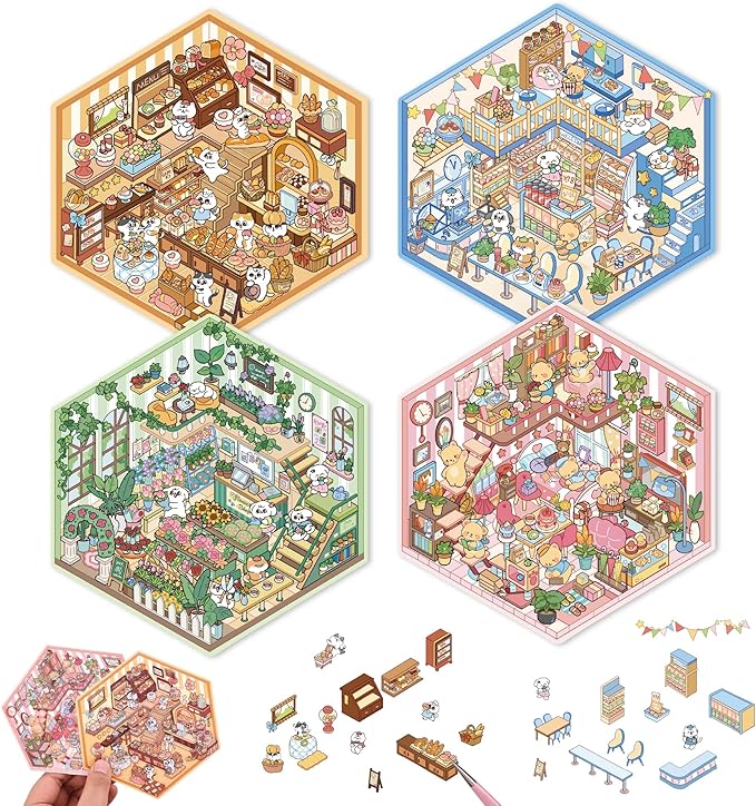 DIY 3D House Scene Stickers - 4 Sets, Warm Home, Supermarket, Bakery, Flower Shop,Cute Fun Stacking Miniature Cartoon for Adult Kids Relief Stress Pass The Time
