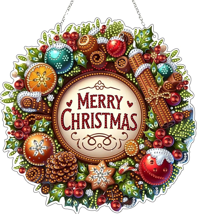 JJFox DIY Acrylic Diamond Art Painting Wreath Kits Special Shaped Rhinestone Diamond Art Window Pendants Home Garden Wall Hanging Kits Hanging Ornament (Merry Christmas)