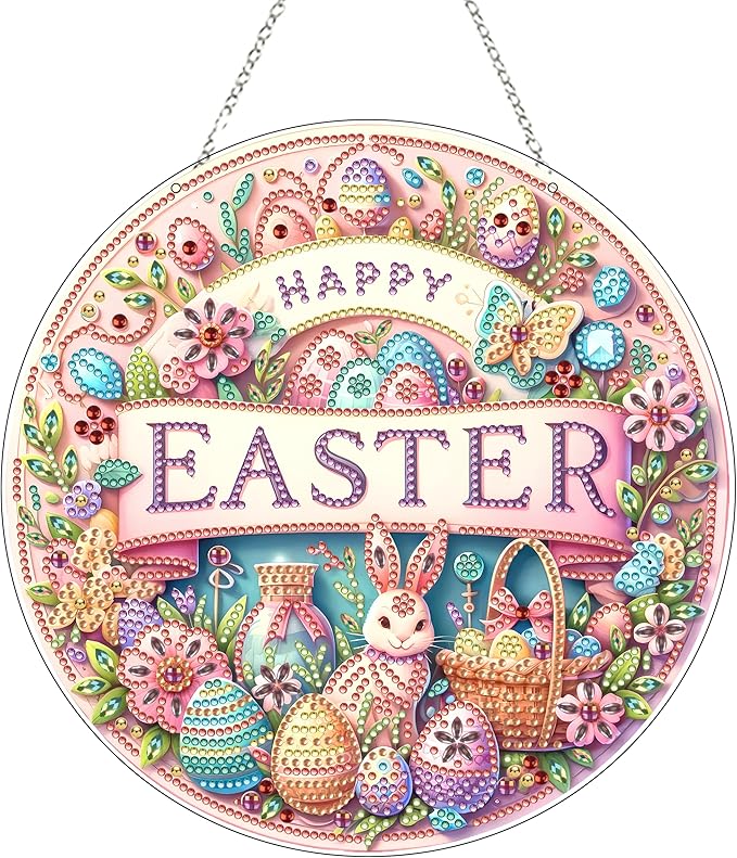 JJFox Diamond Art Hanging Kit for Adult,Special Shaped Rhinestone,Double Sided DIY Acrylic Diamond Art Painting Window Pendants Home Garden Wall Hanging Kits Hanging Ornament (Happy Easter)