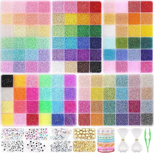Funtopia 61000pcs 2mm Seed Beads for Jewelry Making, 5 Types 120 Colors Small Glass Beads for Bracelets, Friendship Bracelet Kit with Alphabet Letter Beads, Smile Face Beads for DIY, Art and Craft