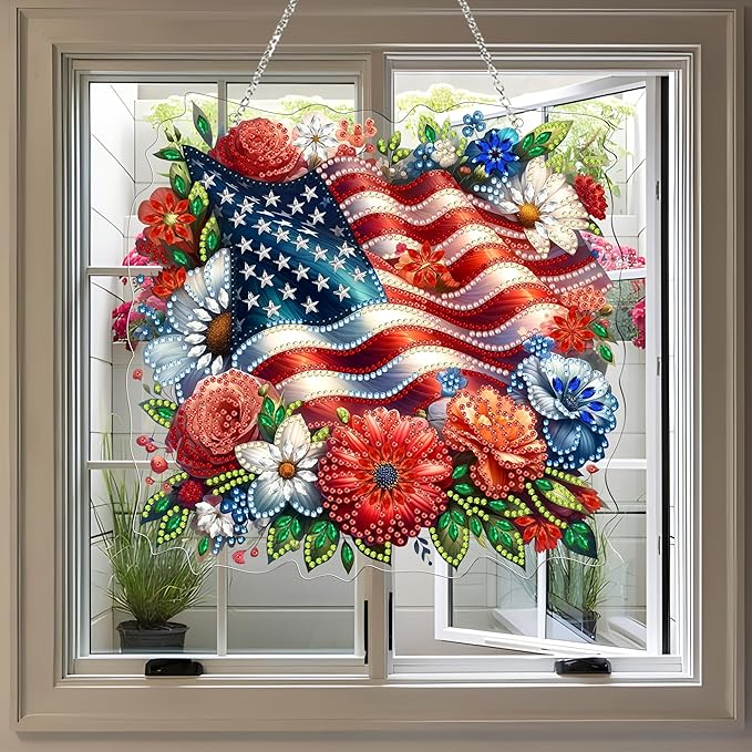 Diamond Art Hanging Kit for Adult,4Th of July Special Shaped Rhinestone,Double Sided DIY Acrylic Diamond Art Painting Window Pendants Home Garden Wall Hanging Kits Hanging Ornament (American Flag)