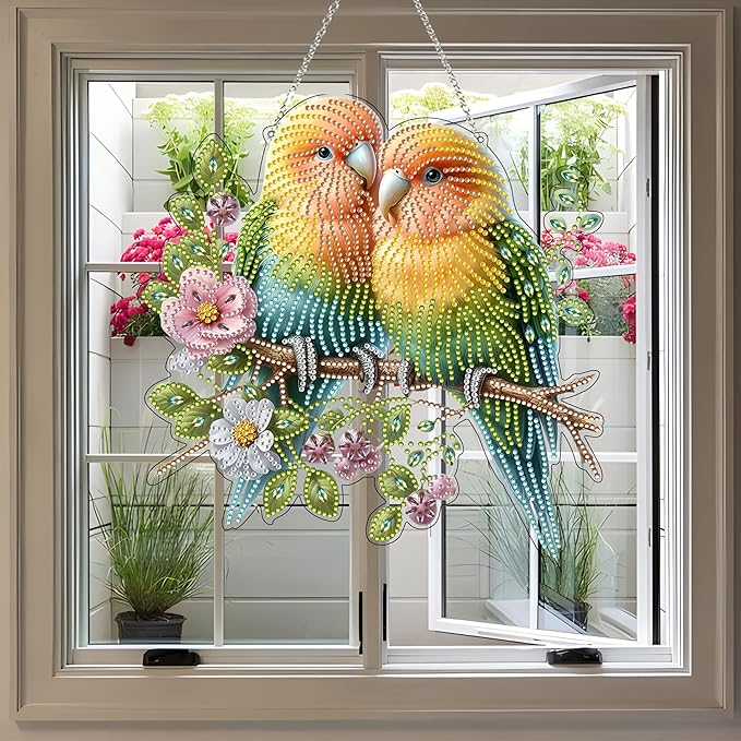 JJFox Diamond Art Hanging Kit for Adult,Special Shaped Rhinestone,Double Sided DIY Acrylic 5D Diamond Art Painting Window Pendants Home Garden Wall Hanging Kits Hanging Ornament (Bird)