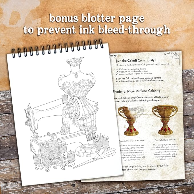 ColorIt Timeless Treasures: Antiques, Vintage Finds, and Classic Home Decor Adult Coloring Book, 50 Original Drawings, Spiral Binding, USA Printed, Lay Flat Hardback Book Cover, Ink Blotter Paper