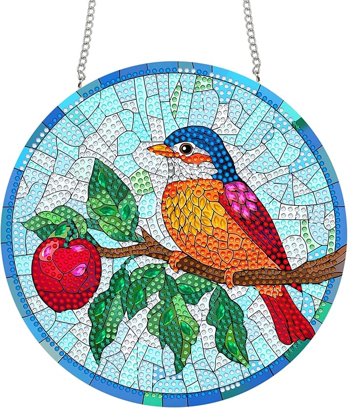 Bimkole Bird Diamond Art Hanging Kit for Adult, DIY 5D Diamond Art Flower Window Pendant, Acrylic Crystal Art Hanging Ornament Home Wall Garden Front Door Sign Outdoor Decor 7.8x7.8 Inch