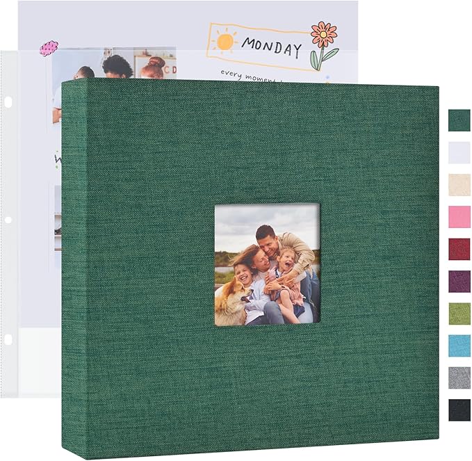 Mublalbum 12x12 Inch DIY Scrapbook Photo Album with 20 Plastic Sleeves 40 Pages Linen Cover 3 Ring Folder Binder for Wedding Baby Family and DIY Projects (Dark Green)