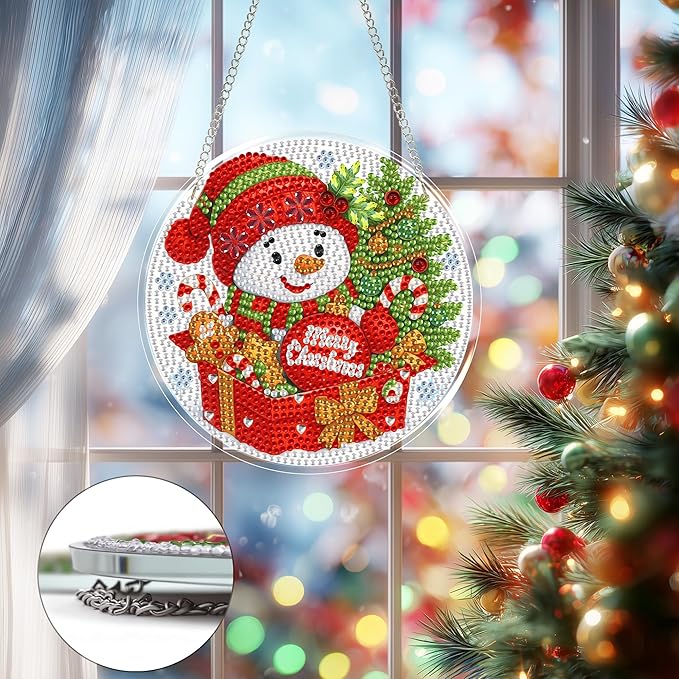 Eiflow Glass Diamond Art Hanging Kit for Adults Christmas, DIY Stained Glass Diamonds Painting Door Hanging Board Kit, Crystal Diamond Art Painting Pendant Ornament Full Drill