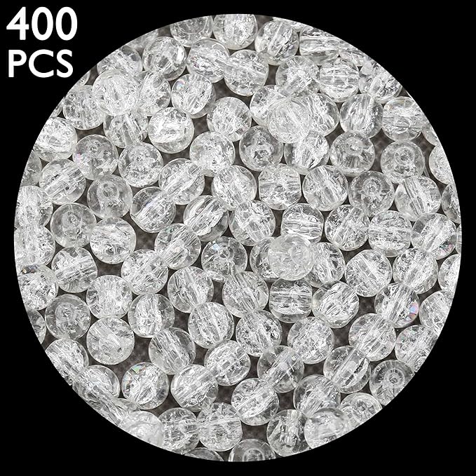 400PCs 4mm White Crackle Glass Beads Bulk, Round Smooth Hole Glass Crystal Beads for Jewelry Making, DIY Bracelets, Necklaces, Bag Charms, Keychains and Craft Projects