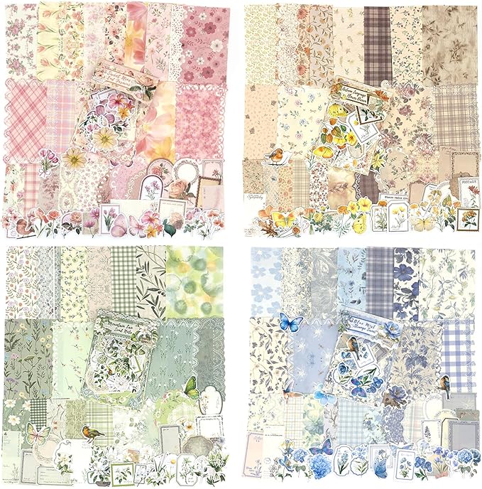 Scrapbook Supplies Kit – 400Pcs Vintage Floral Scrapbook Paper & Junk Journal Stickers, 4 Pack Journaling Supplies for Bullet Journaling, Retro Crafts, Planner, Mixed Media, Collage Card Album