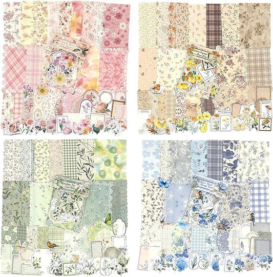 Scrapbook Supplies Kit – 400Pcs Vintage Floral Scrapbook Paper & Junk Journal Stickers, 4 Pack Journaling Supplies for Bullet Journaling, Retro Crafts, Planner, Mixed Media, Collage Card Album