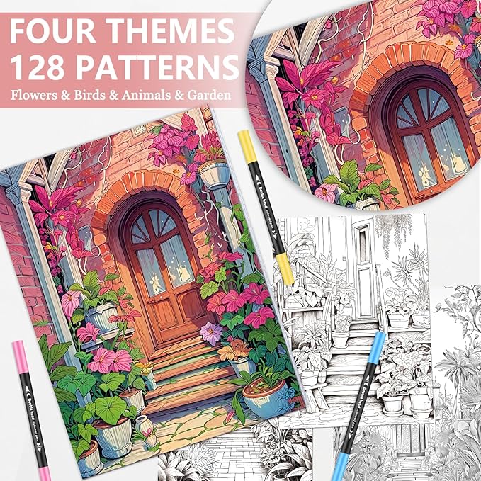 Coloring Book for Adults Relaxation, Mindfulness Coloring Book for Women with 24 Dual Tip Markers, Anxiety Relief Gifts for Women with 128 Patterns Include Plants Animals Flowers Garden Style (4 Pack)