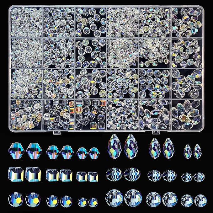948pcs Crystal Glass Beads for Jewelry Making, Assorted Clear Faceted Crystal Suncatcher Beads for Bracelets Necklace Earring DIY Crafts, New AB Color