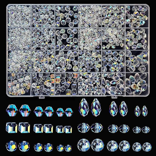 948pcs Crystal Glass Beads for Jewelry Making, Assorted Clear Faceted Crystal Suncatcher Beads for Bracelets Necklace Earring DIY Crafts, New AB Color