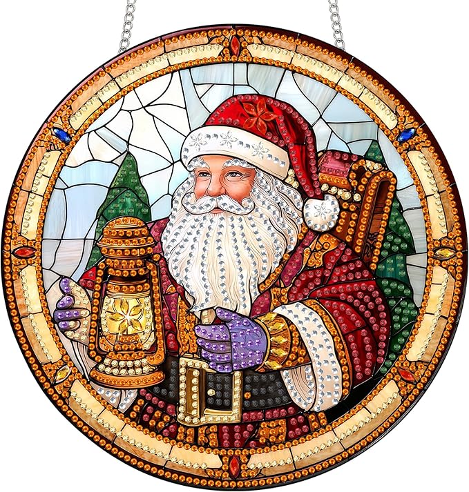Reofrey Hanging Diamond Art Kits for Adults - 8x8 Inch Christmas Santa Claus Acrylic Board Double Sided Pattern Diamond Art Suncatcher Pendant, DIY Crystal Art for Home Wall or Window Decoration Gift