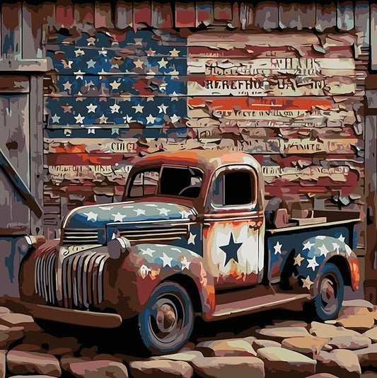 CHWGLFGG Vintage Truck Paint by Numbers Kit for Adults On Canvas,DIY Easy Adult Paint by Number Kits American Flag,Paint by Color Acrylic Paint Painting Home Wall Decor 16x16inch (Without Frame)