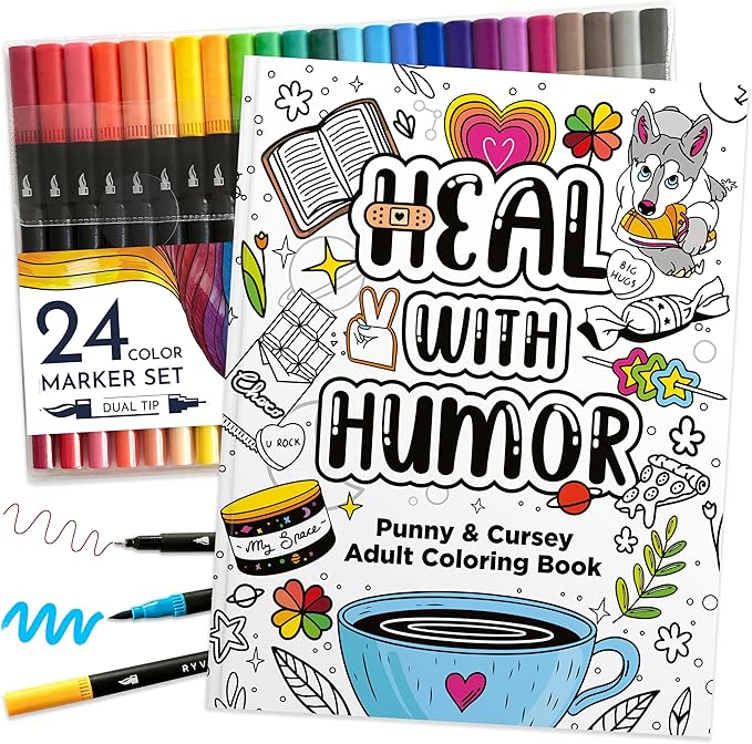 RYVE Adult Coloring Book Set for Adults Relaxation - Sassy & Funny Self Care Gifts for Women, Motivational Swear Word Coloring Book, Cancer Care Gifts Chemo Care Package for Women, 24 Markers Included