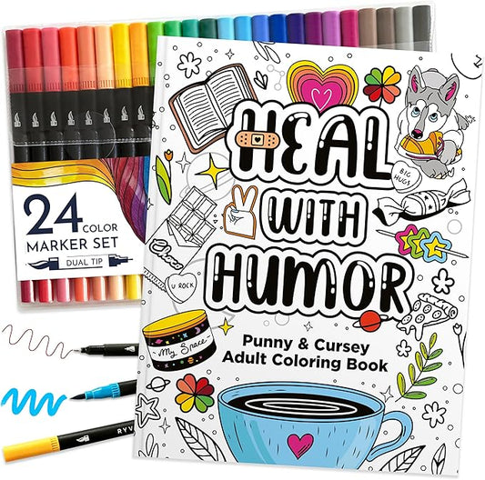 RYVE Adult Coloring Book Set for Adults Relaxation - Sassy & Funny Self Care Gifts for Women, Motivational Swear Word Coloring Book, Cancer Care Gifts Chemo Care Package for Women, 24 Markers Included