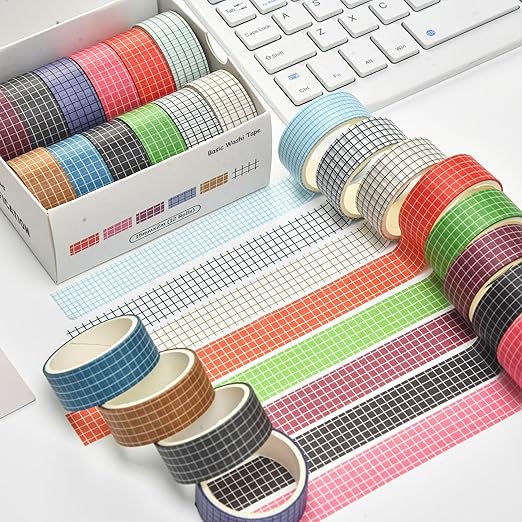 12 Rolls Grid Washi Tape Set Plaid Arts Adhesive Tapes Basic Patterns Decorative Masking Tape Sets for Craft, Kids, Scrapbook, DIY, Gift Wrapping (Style One)