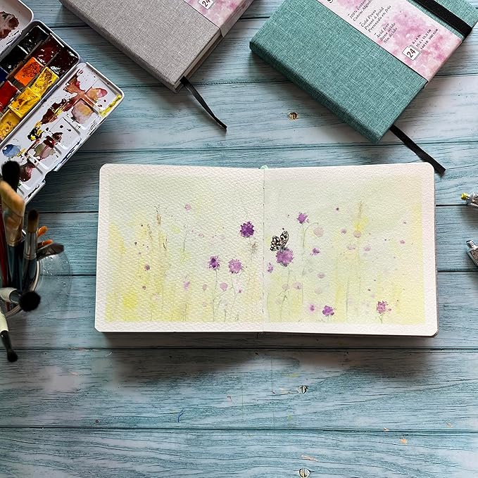 tumuarta Watercolor Journal, 8.25x5.5, 140 LB, 300 GSM, Cotton Paper, Cold Press, 24 Sheets, 48 Pages, Watercolor Paper Sketchbooks for Use As Travel Notebook and Mixed Media Pad