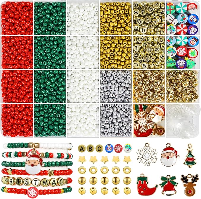 Redtwo Christmas Bracelet Making Kit, 2100 Pcs 4mm Glass Seed Beads Friendship Bracelet Kit, Holiday DIY Craft with Christmas Charms, Gifts for Crafts Lover