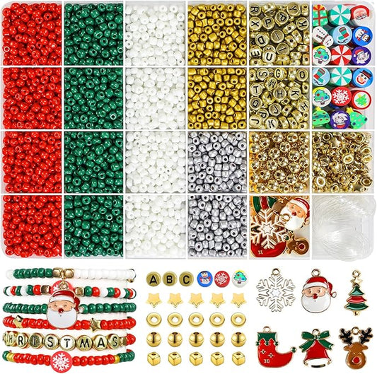 Redtwo Christmas Bracelet Making Kit, 2100 Pcs 4mm Glass Seed Beads Friendship Bracelet Kit, Holiday DIY Craft with Christmas Charms, Gifts for Crafts Lover