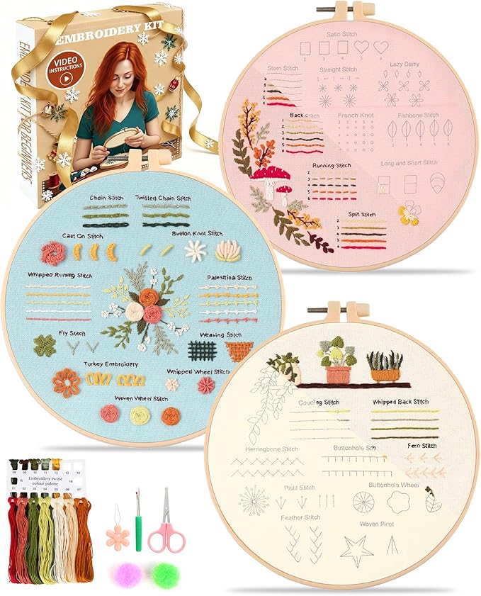hi-yomilaugh 3 pack beginner embroidery kit & cross stitch kits for adults, needles & tools, easy needlepoint set with step-by-step instructions & video tutorial
