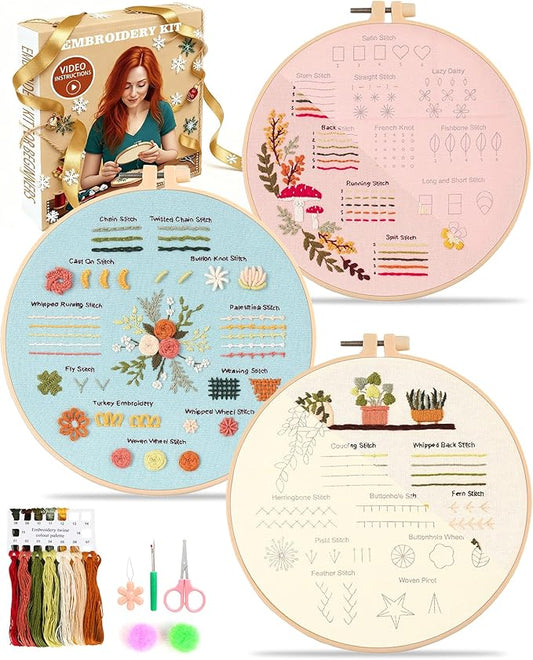 hi-yomilaugh 3 pack beginner embroidery kit & cross stitch kits for adults, needles & tools, easy needlepoint set with step-by-step instructions & video tutorial