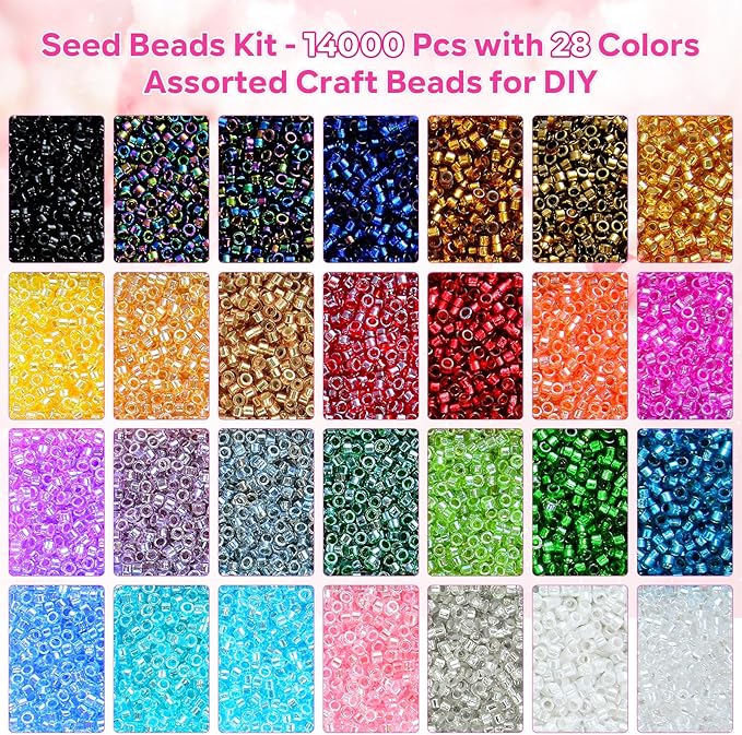 14000Pcs 2.5mm Glass Seed Beads Kit with Large Hole, 28 Colors Uniform Beads for Jewelry Making Supplies, DIY Crafts Bracelets Necklaces Earrings Jewelry Making Kit