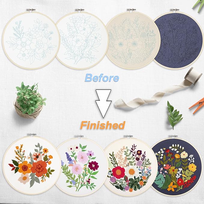 bonroy 4 sets embroidery kit for beginners with instructions,cross stitch kits for adults with pattern,needlepoint kits for adult include embroidery cloth hoops needles threads