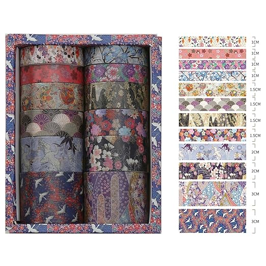 12 Rolls Kyoto Charm Washi Tape Set Japanese Arts Adhesive Tapes Geometric Garden Decorative Masking Tape Sets for Craft, Kids, Scrapbook, DIY, Gift Wrapping (Purple Sakura)