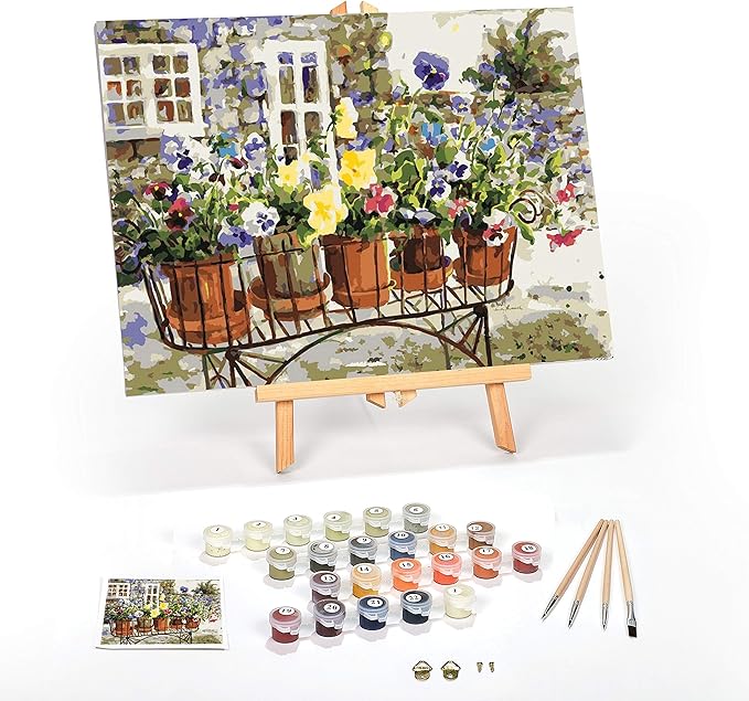 Ledgebay DIY Paint by Numbers Kit for Adults Framed Canvas Beginner to Advanced Paint by Numbers Kit, Kits Include Acrylic Paint Set, Brushes & Tabletop Easel (Ritas Pansies 16" x 20" Framed)