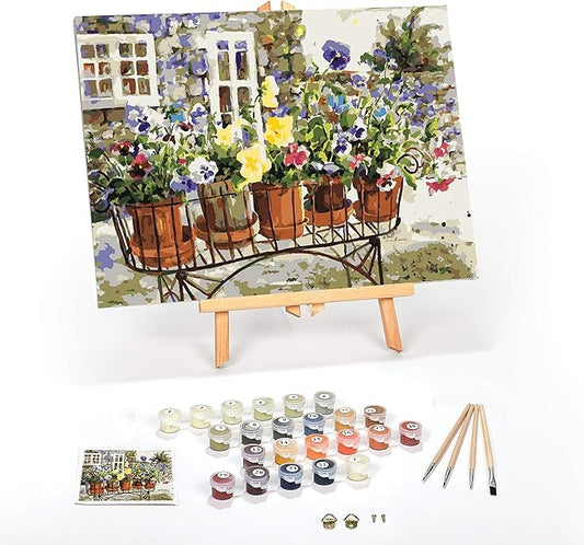 Ledgebay DIY Paint by Numbers Kit for Adults Framed Canvas Beginner to Advanced Paint by Numbers Kit, Kits Include Acrylic Paint Set, Brushes & Tabletop Easel (Ritas Pansies 12" x 16" Framed)