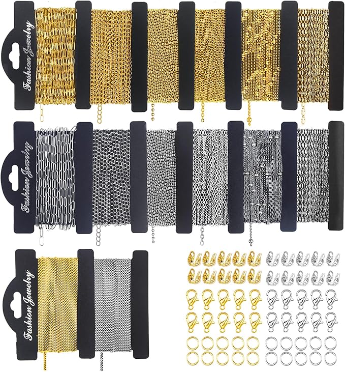 wisreach 18k gold & silver chain for jewelry making, 80 feet 14 rolls diy bracelet chains with 200 jump rings, 20 lobster clasps & 20 connectors