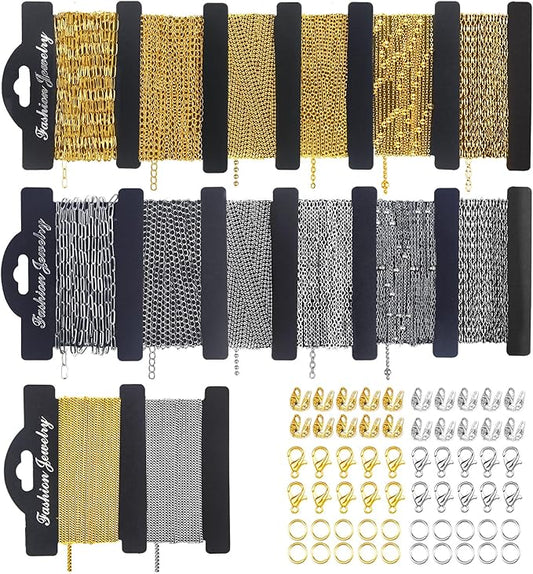 wisreach 18k gold & silver chain for jewelry making, 80 feet 14 rolls diy bracelet chains with 200 jump rings, 20 lobster clasps & 20 connectors