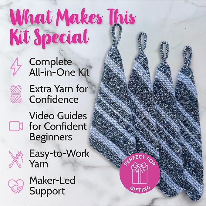 KnitPal Everyday Joy Knitting Kit – Make 4 Reusable Dishcloths for Confident Beginners – Cotton to The Core Yarn (#3 DK), Needles, Patterns & Video Tutorials (Jean Blue + Sky Blue)