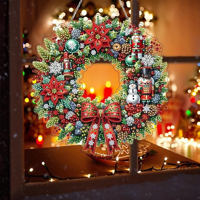 JJFox Diamond Art Hanging Kit for Adult,Special Shaped Rhinestone,Double Sided DIY Acrylic Diamond Art Painting Window Pendants Home Garden Wall Hanging Kits Hanging Ornament (Christmas Wreath)