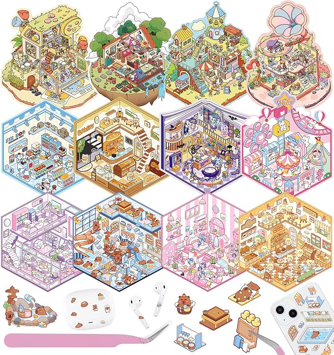 12 Sets DIY 3D Sticker Scene for Kids, Fun DIY Sticker Scene Make Your Own Mini House Cute Cartoon Animal Scene Stickers Adult Sticker Art Relief Stress Pass The Time Holiday Christmas Fun