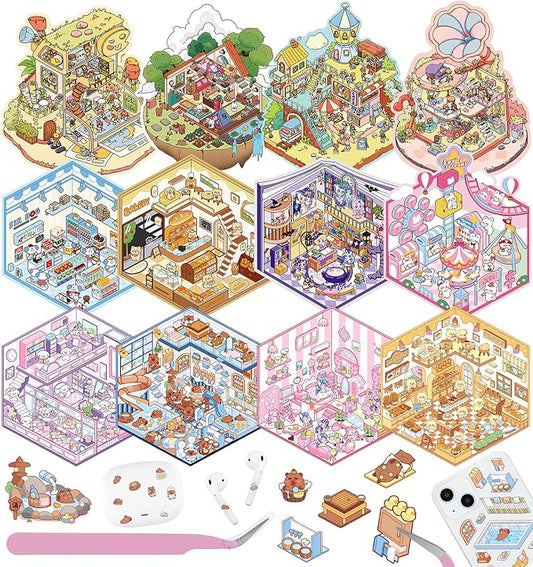 12 Sets DIY 3D Sticker Scene for Kids, Fun DIY Sticker Scene Make Your Own Mini House Cute Cartoon Animal Scene Stickers Adult Sticker Art Relief Stress Pass The Time Holiday Christmas Fun