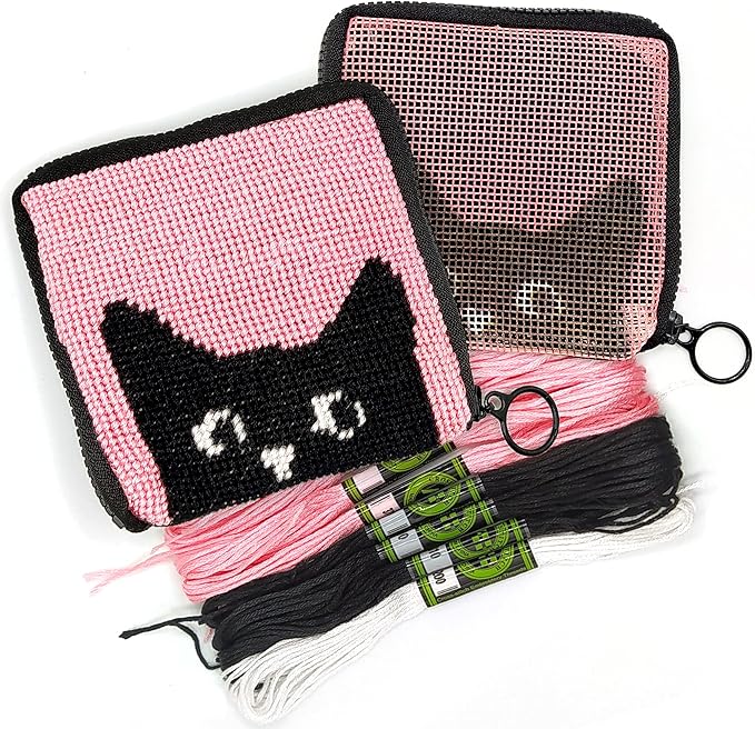 CRAFTILOO Needlepoint Kit for Kids — Beginner Cross Stitch Sewing Kit with Pre Printed Canvas, Easy Embroidery Arts and Crafts Starter Set for Girls and Boys Ages 6-12 (Cat)