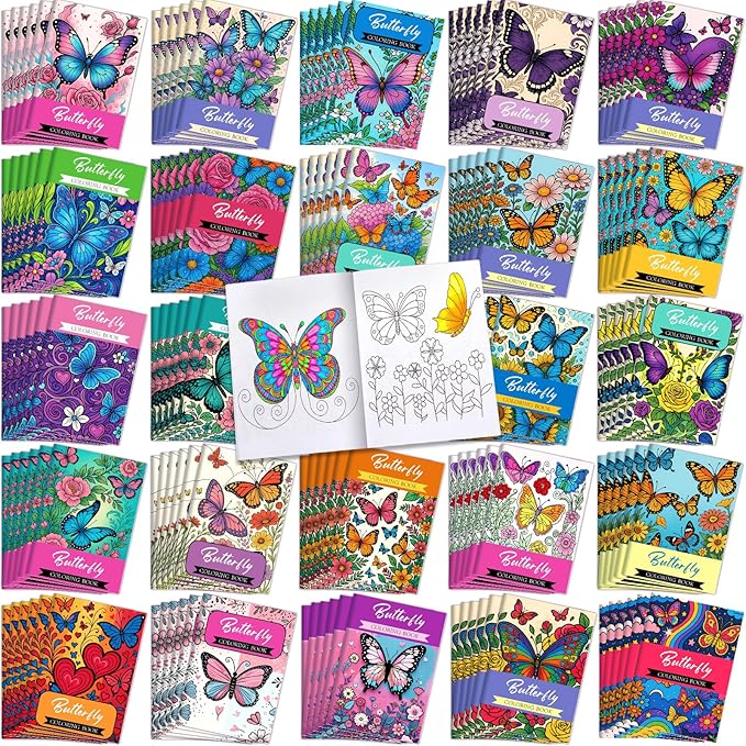 Liliful 144 Pcs Butterfly-Themed Coloring Book Bulk for Adults Mini Butterfly Theme Drawing Book with Garden Flower Insect Patterns Party Favors Goodie Bag Filler and Holiday Gifts