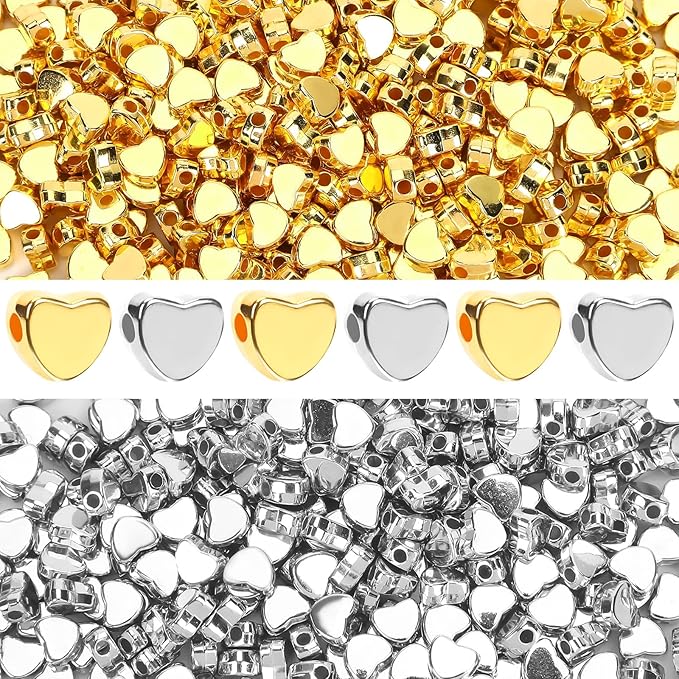 Augshy 700Pcs Silver Gold Heart Beads, Heart Spacer Beads for Bracelets Jewelry Bracelet Making Birthday Party Necklace Friendship DIY Crafts