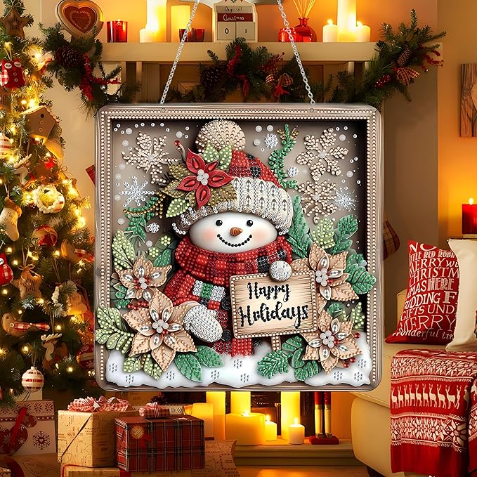 DIY Acrylic Diamond Art Painting Wreath Kits Special Shaped Rhinestone 5D Diamond Art Window Pendants Home Garden Wall Hanging Kits Hanging Ornament，Double Sided(Christmas Snowman-1)